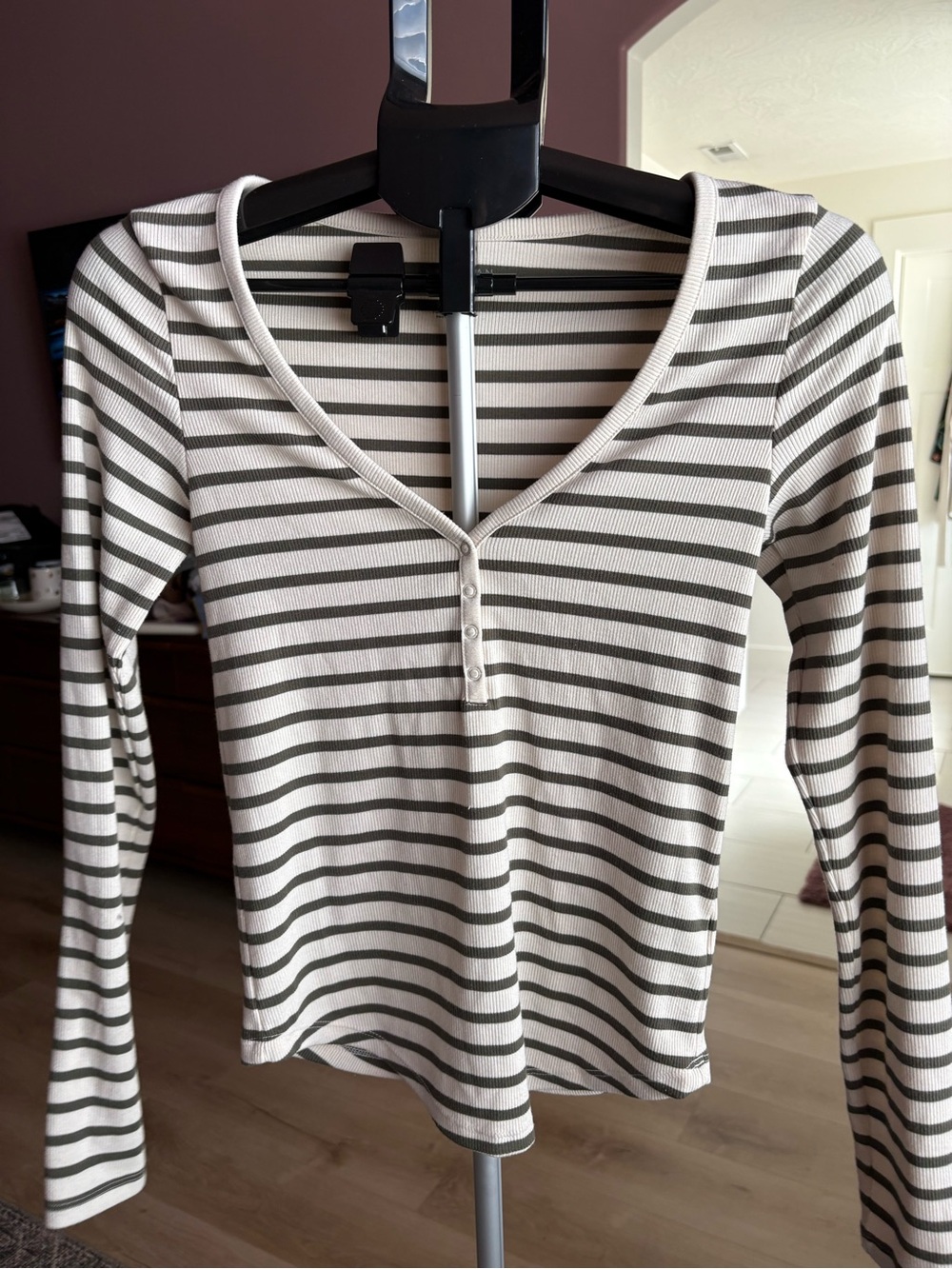 American Eagle Outfitters White and Olive Striped Henley Long Sleeve Top